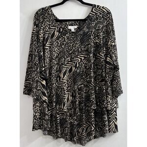 Susan Graver Liquid Knit Top 2X V Neck Animal Print Tiered‎ 3/4 Slv Asymmetrical